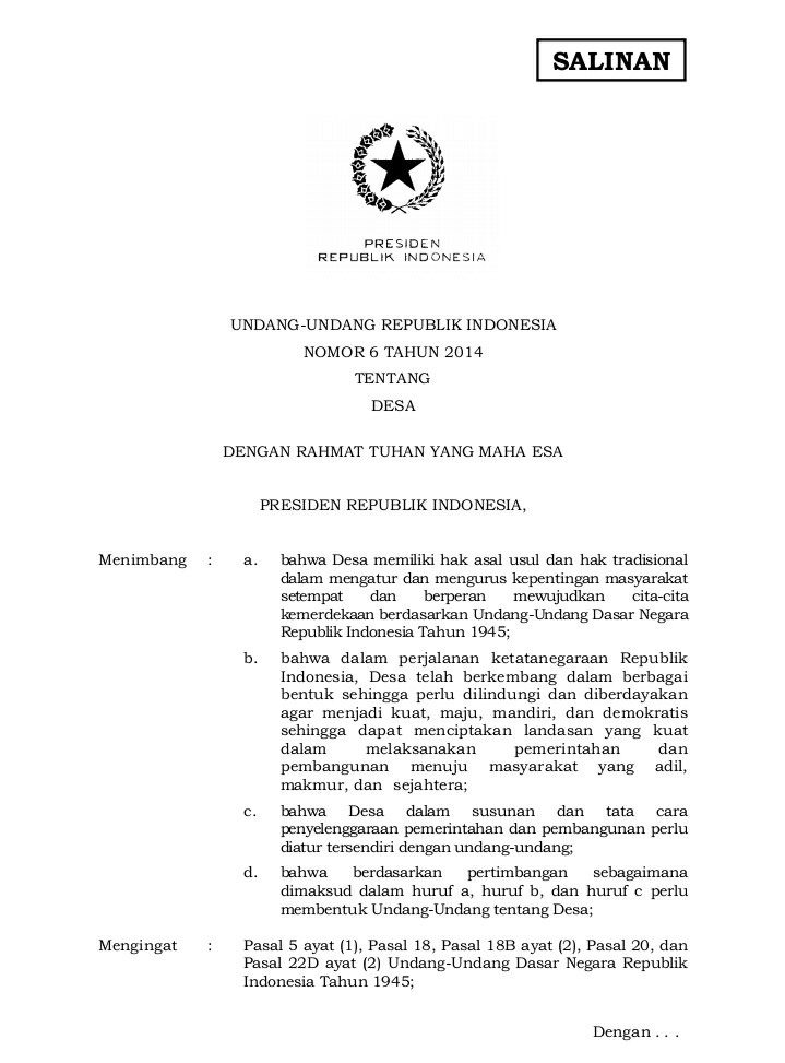 Uu Nomor 6 Tahun 2014 Tentang Desa Nagari Koto Bangun